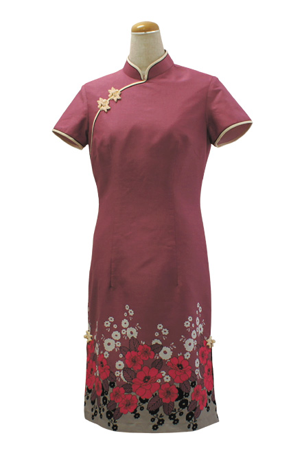 コットン裾柄チャイナドレス アジア服 ベトナム衣料 アジアンファッション